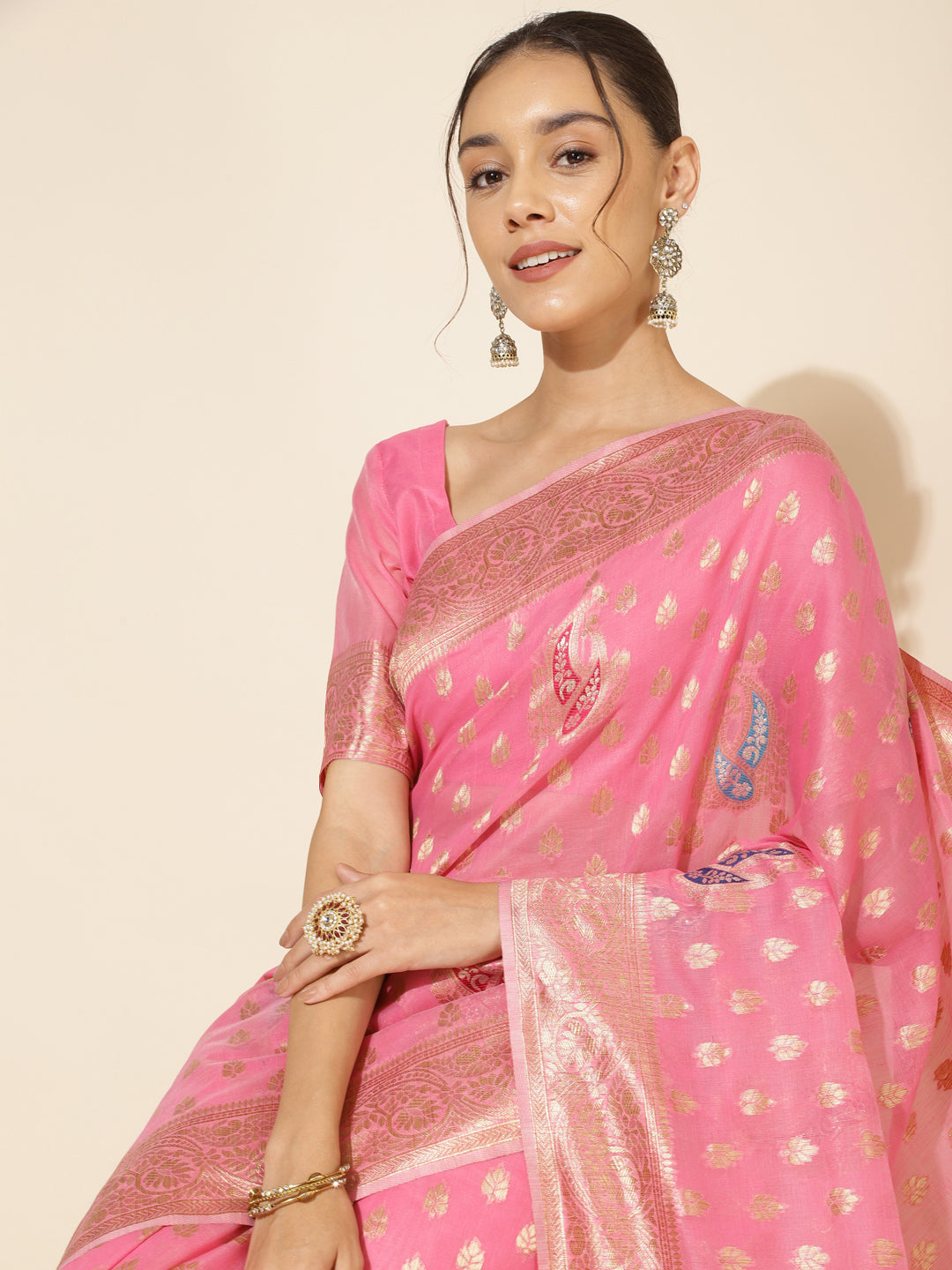 Janasya Light Pink Chanderi Silk Ethnic Motifs Woven Design Saree | Swadesiicart