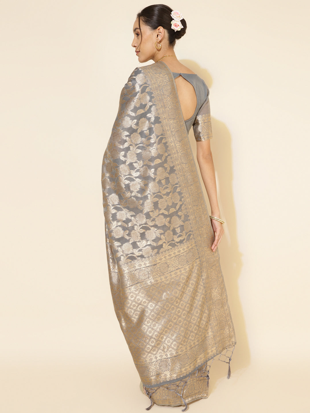 Janasya Grey Chanderi Silk Floral Woven Design Saree | Swadesiicart