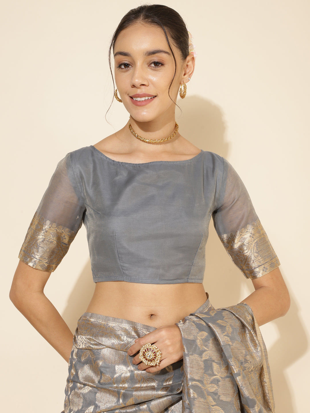 Janasya Grey Chanderi Silk Floral Woven Design Saree | Swadesiicart