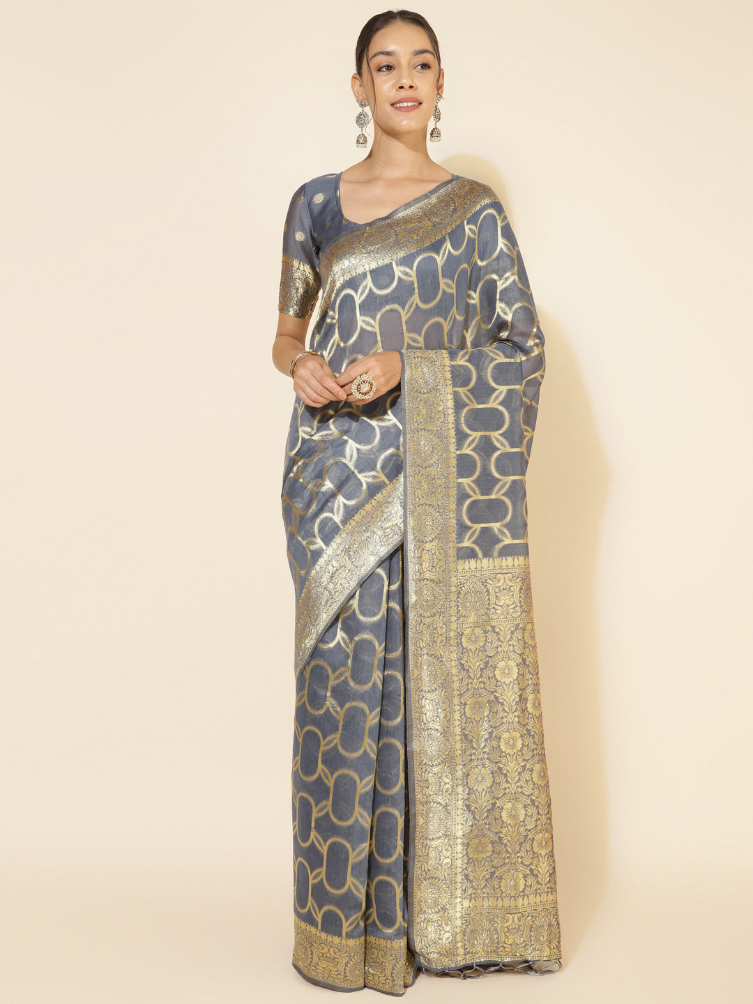 Janasya Grey Chanderi Silk Geometric Design Woven Design Saree | Swadesiicart