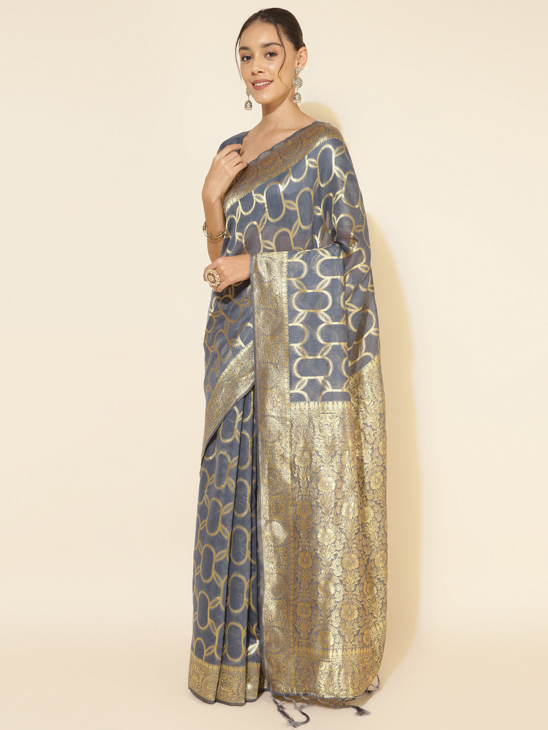 Janasya Grey Chanderi Silk Geometric Design Woven Design Saree | Swadesiicart