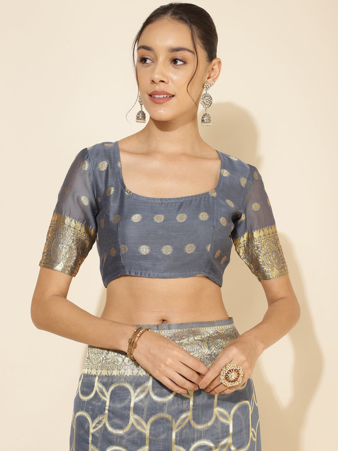 Janasya Grey Chanderi Silk Geometric Design Woven Design Saree | Swadesiicart