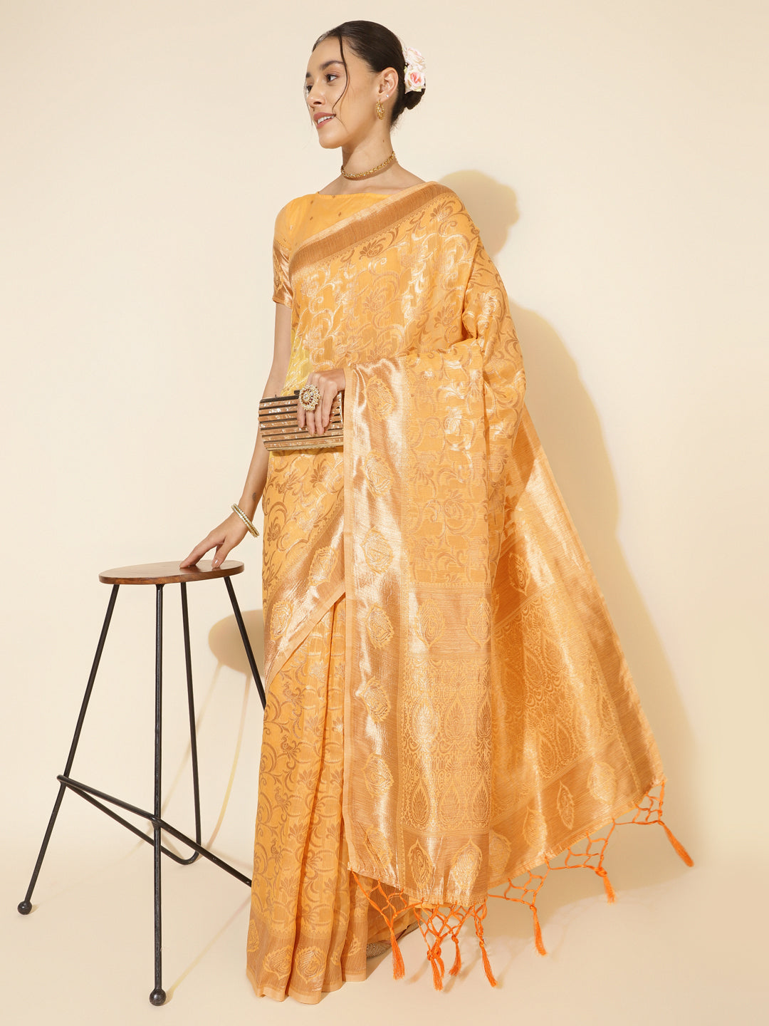 Janasya Light Yellow Chanderi Silk Woven Ethnic Motifs Chanderi Silk Saree | Swadesiicart