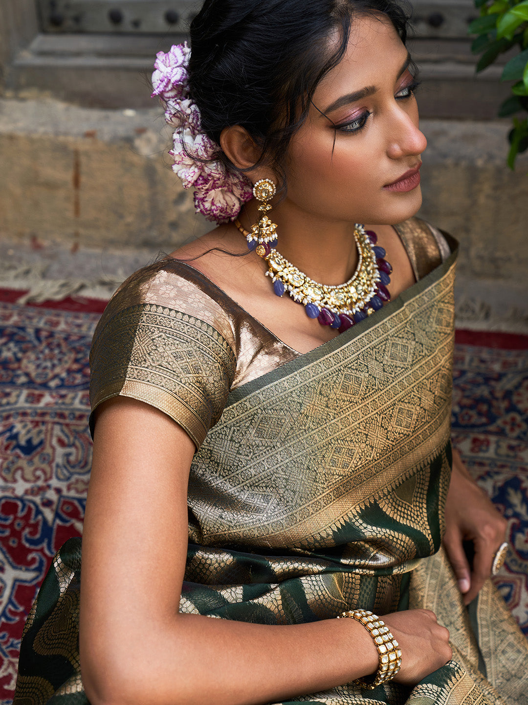 Janasya Bottle Green Organza Woven Ethnic Motifs Kanjeevaram Saree | Swadesiicart
