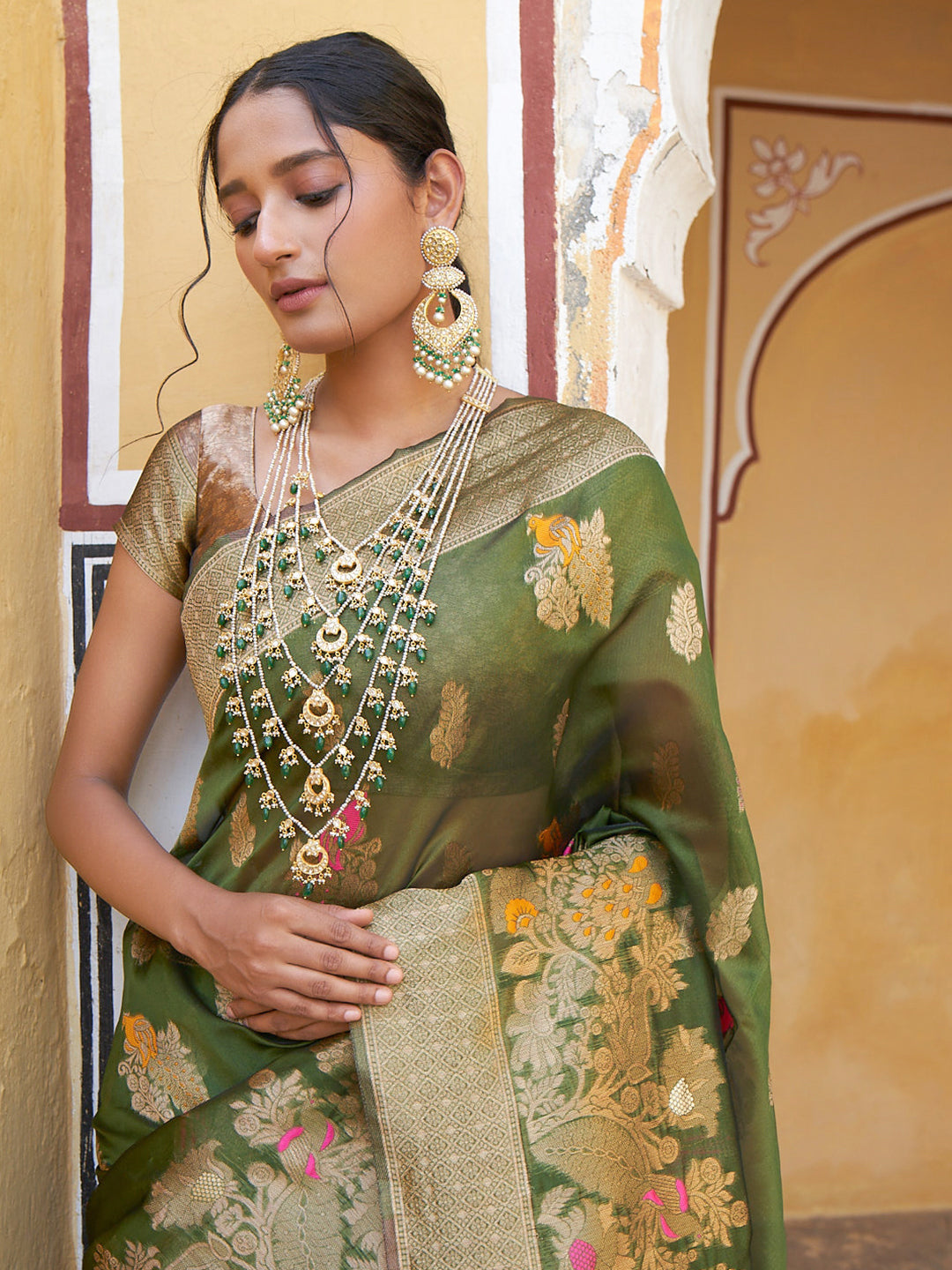 Janasya Mehendi Green Organza Woven Ethnic Kanjeevaram Saree | Swadesiicart