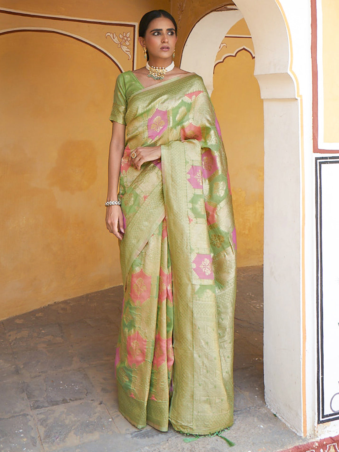 Janasya Light Green Chanderi Silk Ethnic Motifs Woven Design Saree | Swadesiicart