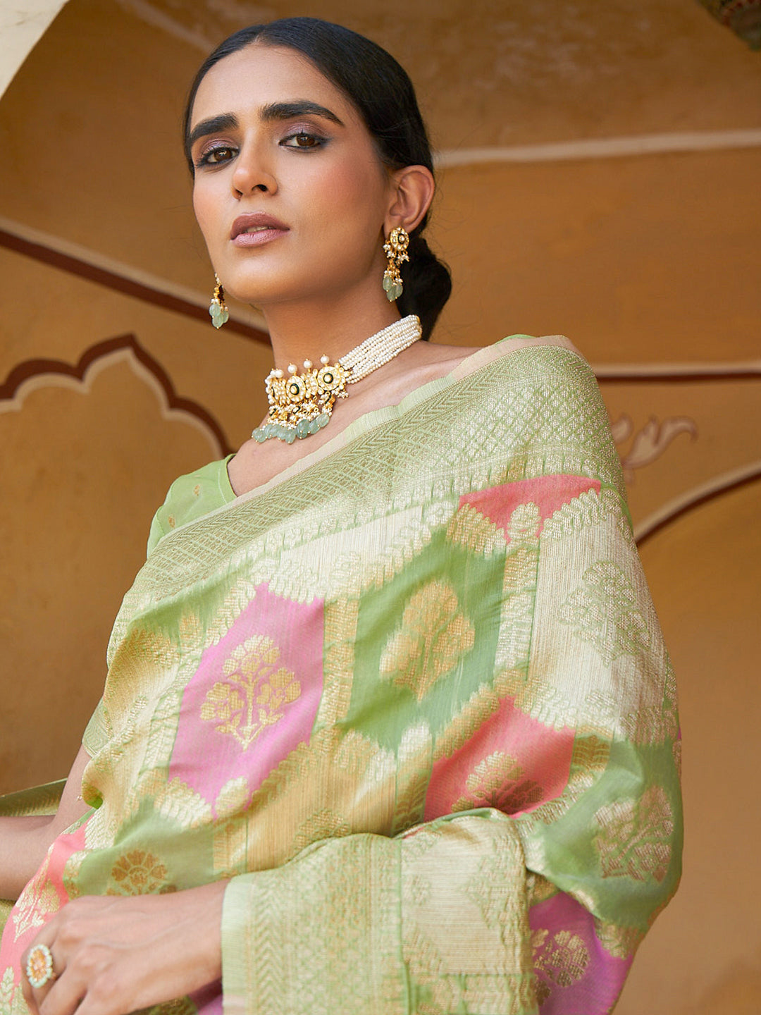 Janasya Light Green Chanderi Silk Ethnic Motifs Woven Design Saree | Swadesiicart