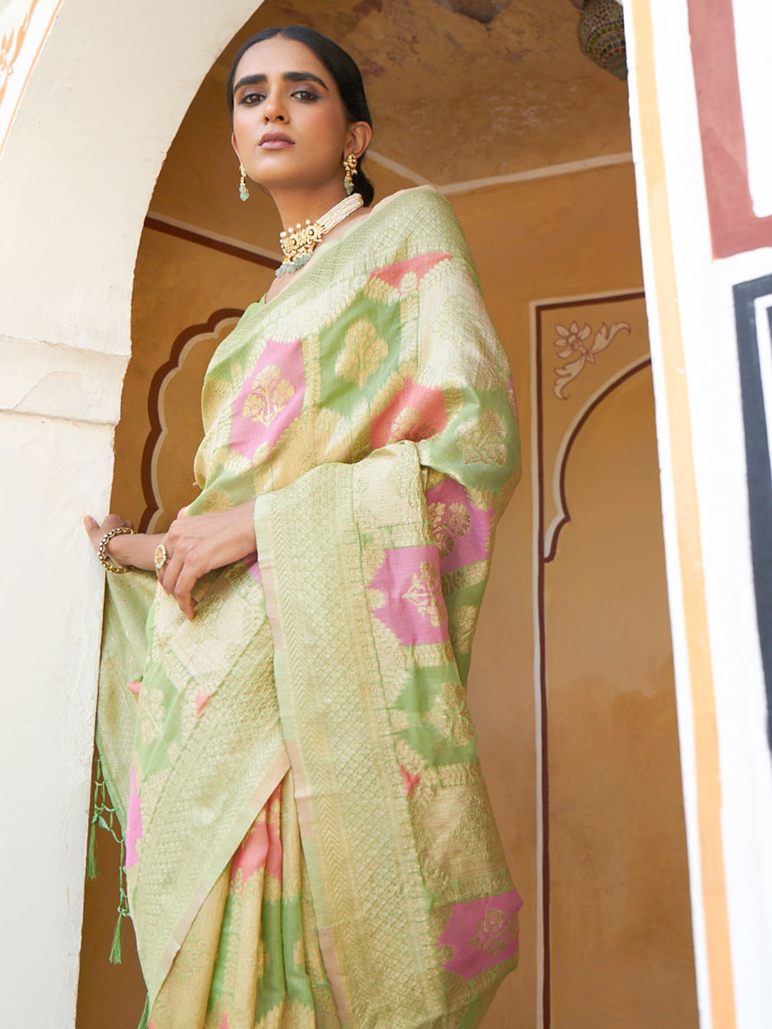 Janasya Light Green Chanderi Silk Ethnic Motifs Woven Design Saree | Swadesiicart