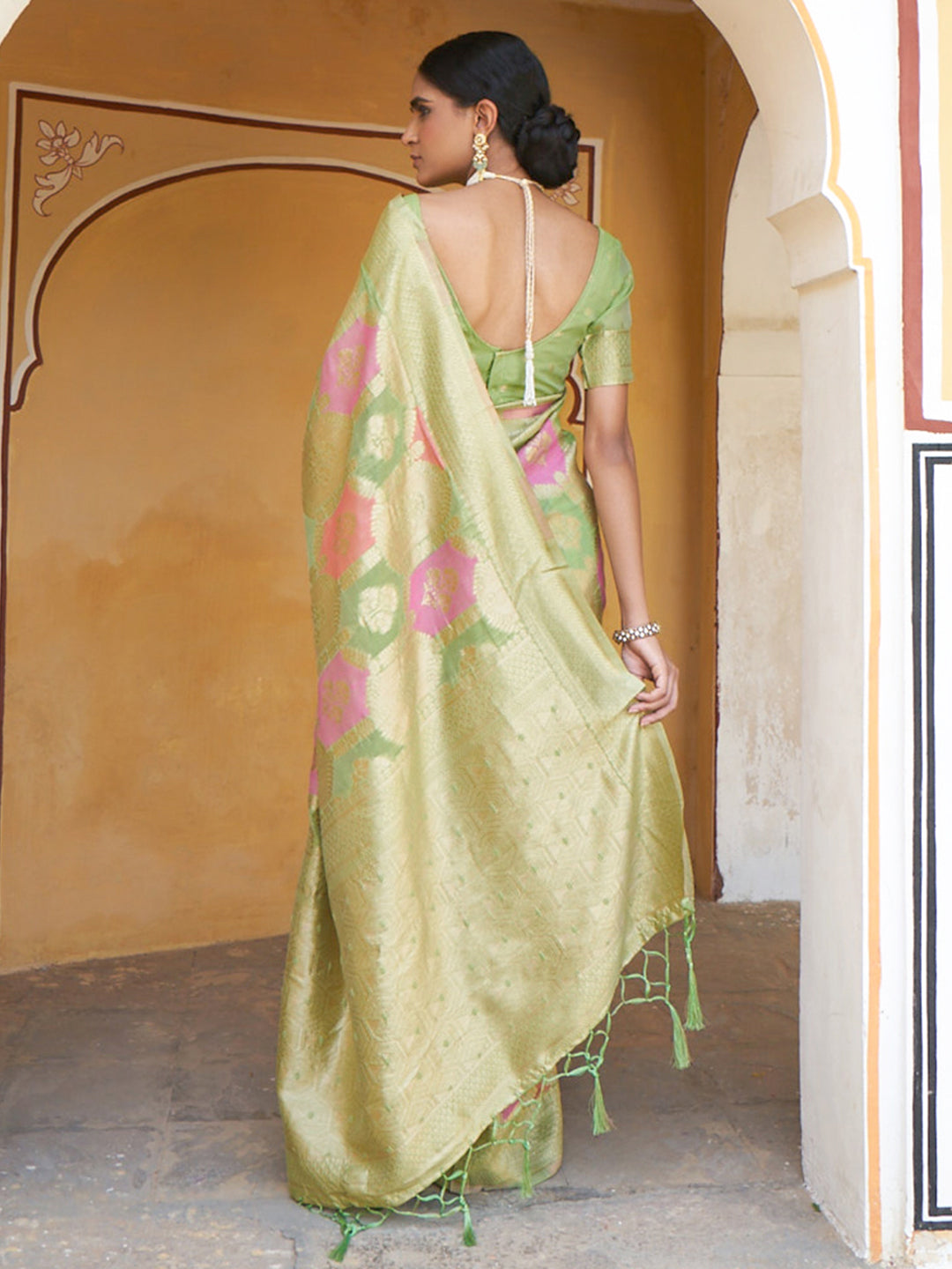Janasya Light Green Chanderi Silk Ethnic Motifs Woven Design Saree | Swadesiicart