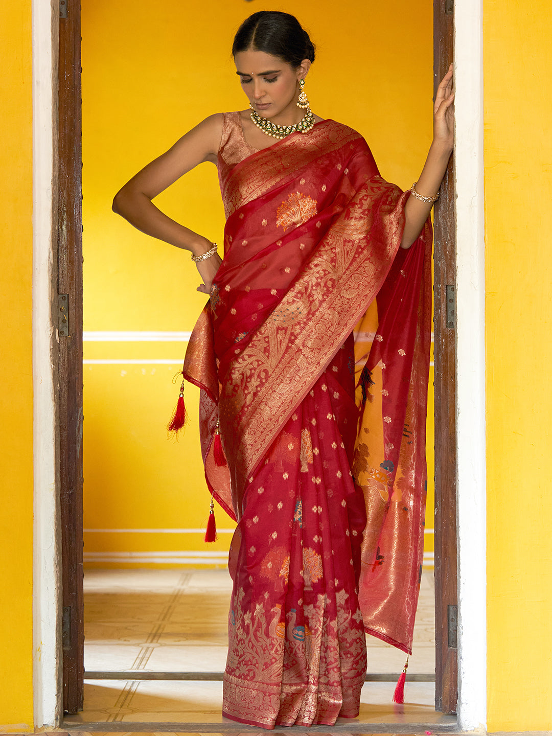 Janasya Red Organza Woven Leheriya Kanjeevaram Saree | Swadesiicart
