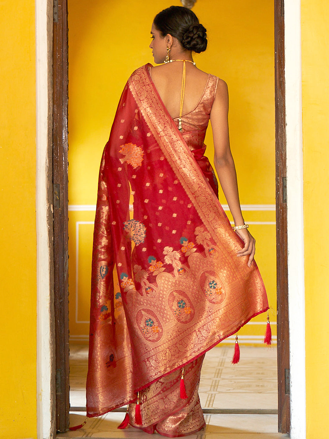 Janasya Red Organza Woven Leheriya Kanjeevaram Saree | Swadesiicart