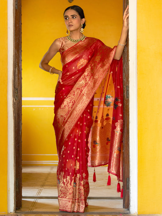 Janasya Red Organza Woven Leheriya Kanjeevaram Saree | Swadesiicart