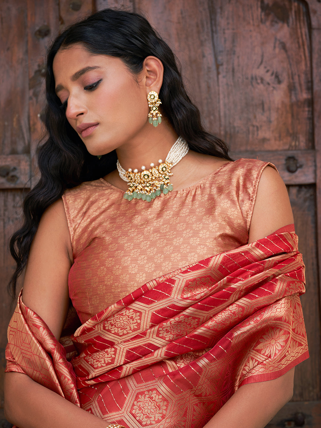 Janasya Red Organza Woven Ethnic Motifs Kanjeevaram Saree | Swadesiicart