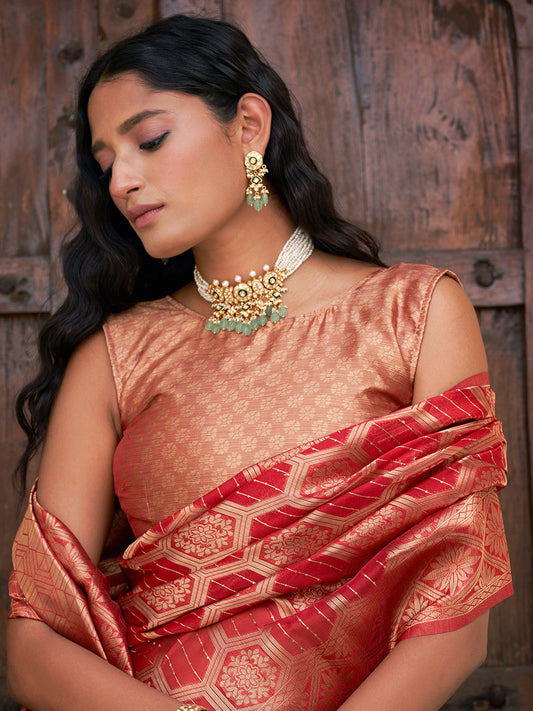 Janasya Red Organza Woven Ethnic Motifs Kanjeevaram Saree | Swadesiicart
