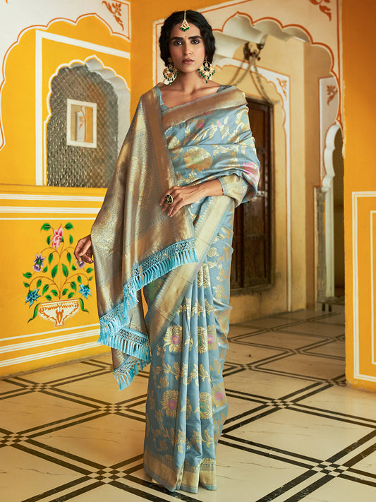Janasya Grey Banarasi Silk Woven Floral Design Banarasi Saree | Swadesiicart