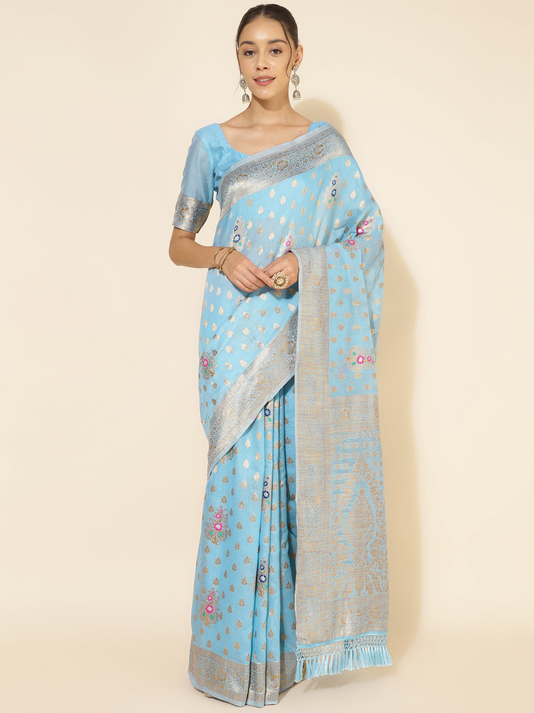 Janasya Sky Blue Chanderi Silk Ethnic Motifs Woven Design Saree | Swadesiicart