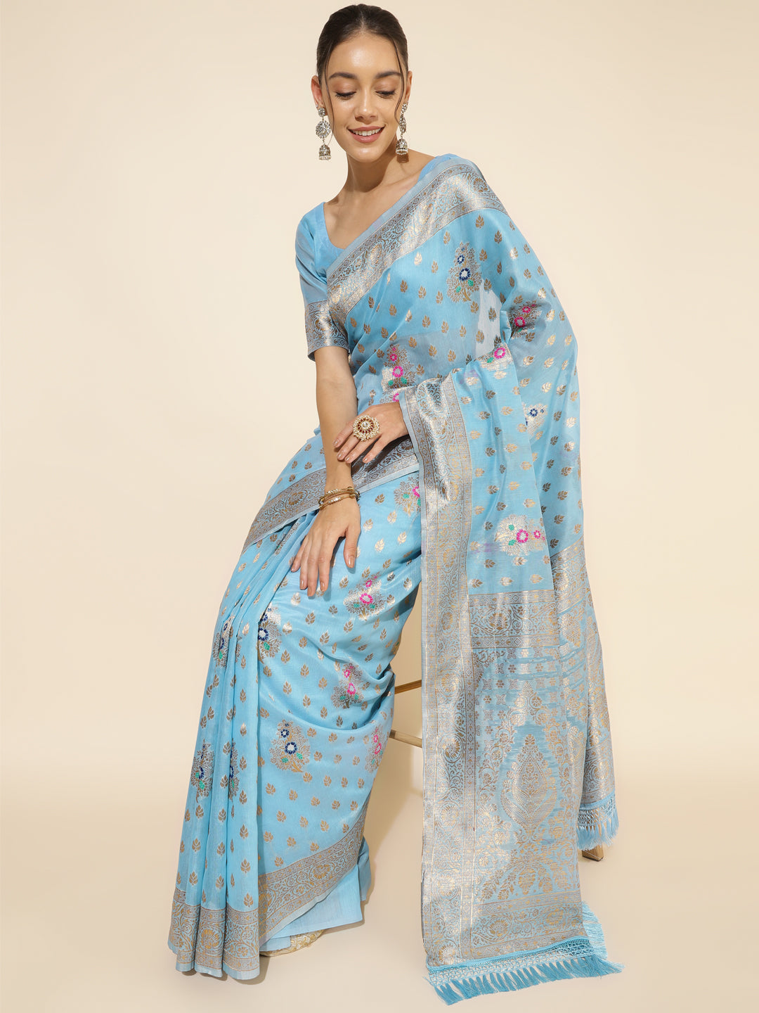 Janasya Sky Blue Chanderi Silk Ethnic Motifs Woven Design Saree | Swadesiicart