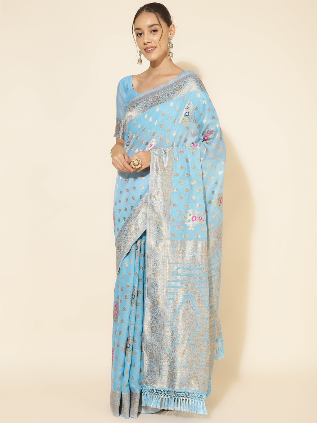 Janasya Sky Blue Chanderi Silk Ethnic Motifs Woven Design Saree | Swadesiicart