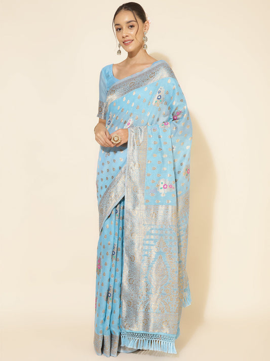 Janasya Sky Blue Chanderi Silk Ethnic Motifs Woven Design Saree | Swadesiicart