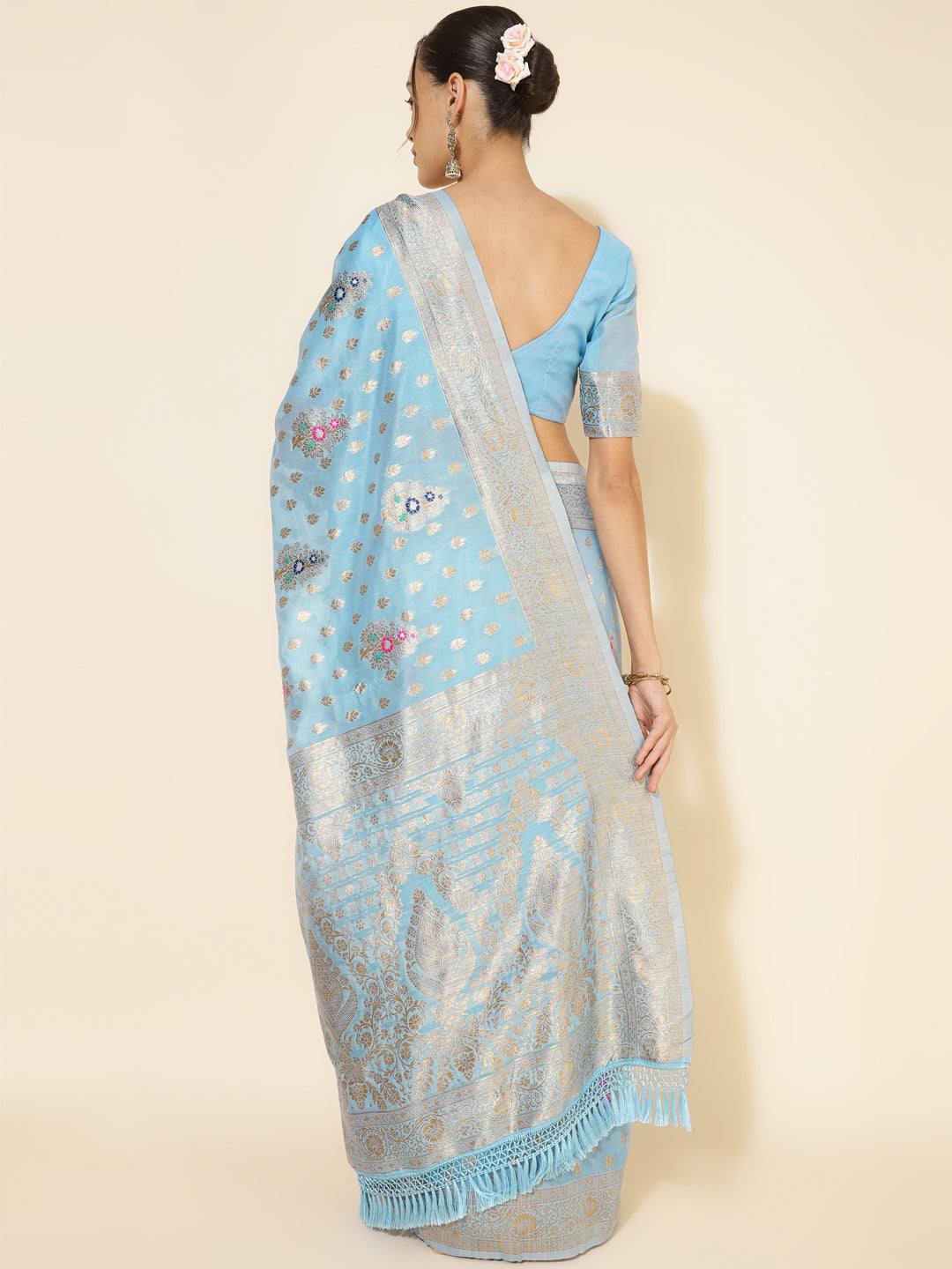 Janasya Sky Blue Chanderi Silk Ethnic Motifs Woven Design Saree | Swadesiicart