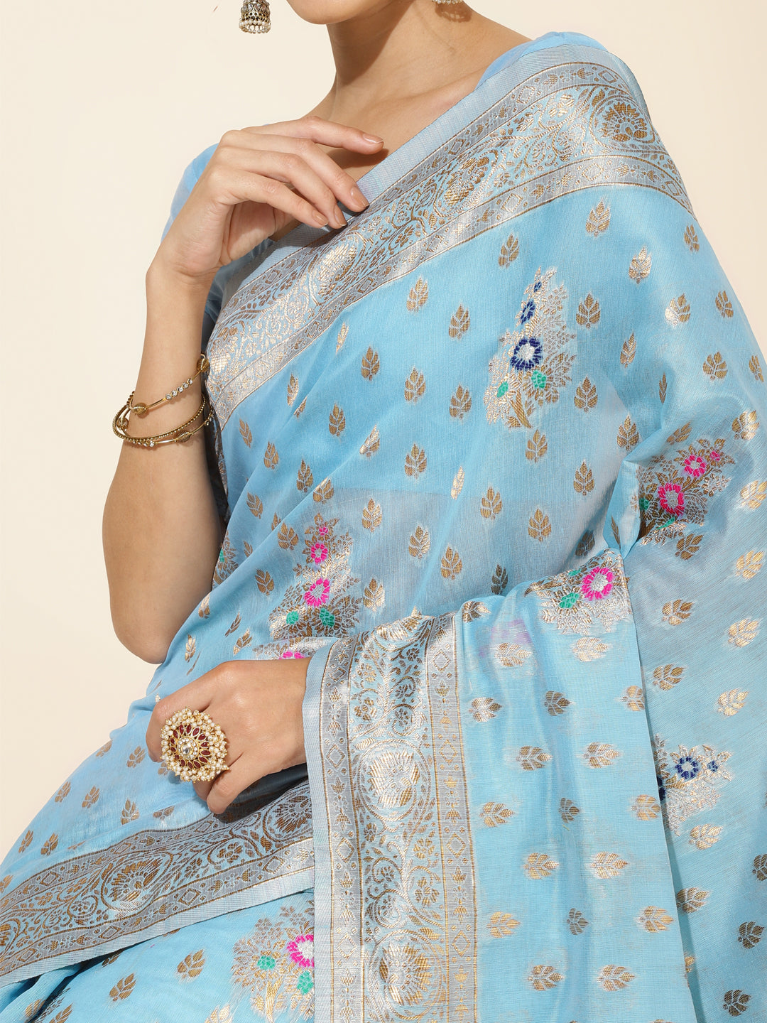 Janasya Sky Blue Chanderi Silk Ethnic Motifs Woven Design Saree | Swadesiicart