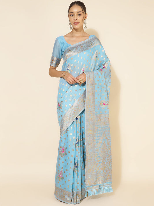 Janasya Sky Blue Chanderi Silk Ethnic Motifs Woven Design Saree | Swadesiicart