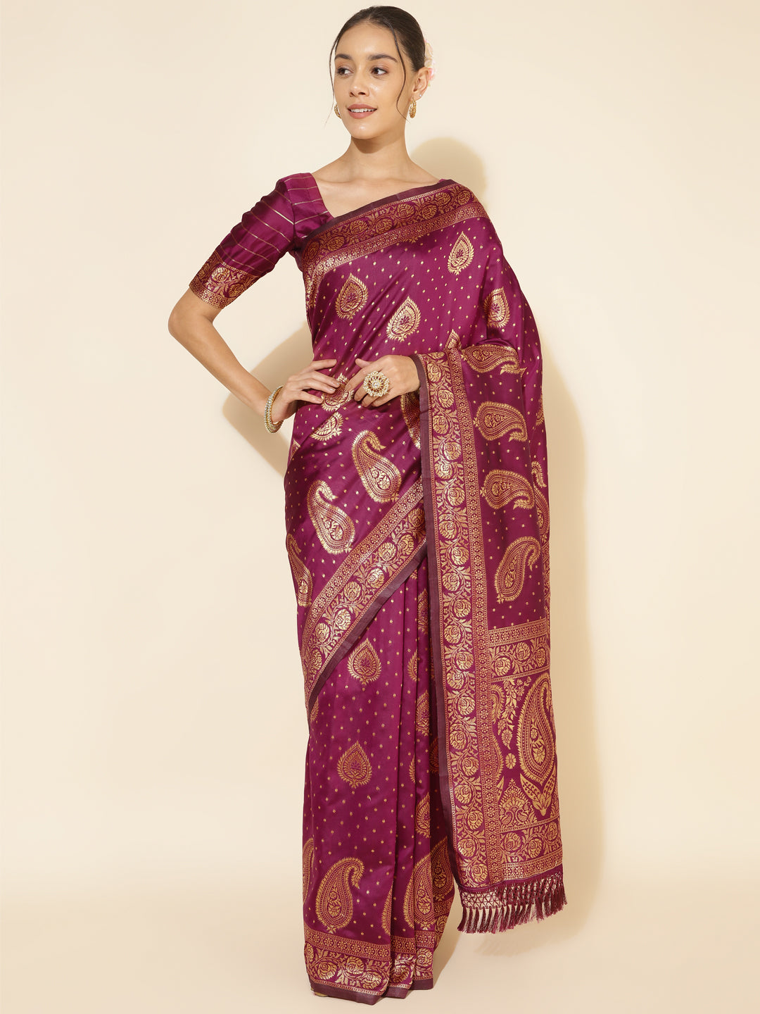Janasya Wine Banarasi Silk Woven Ethnic Motifs Banarasi Silk Saree | Swadesiicart