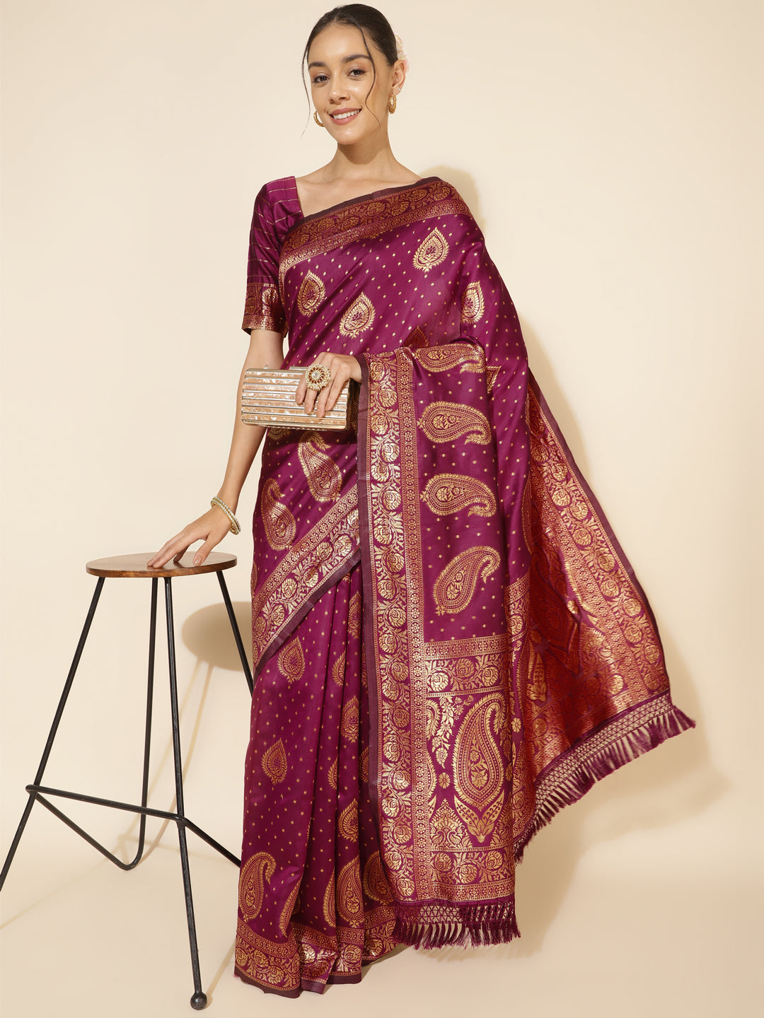 Janasya Wine Banarasi Silk Woven Ethnic Motifs Banarasi Silk Saree | Swadesiicart