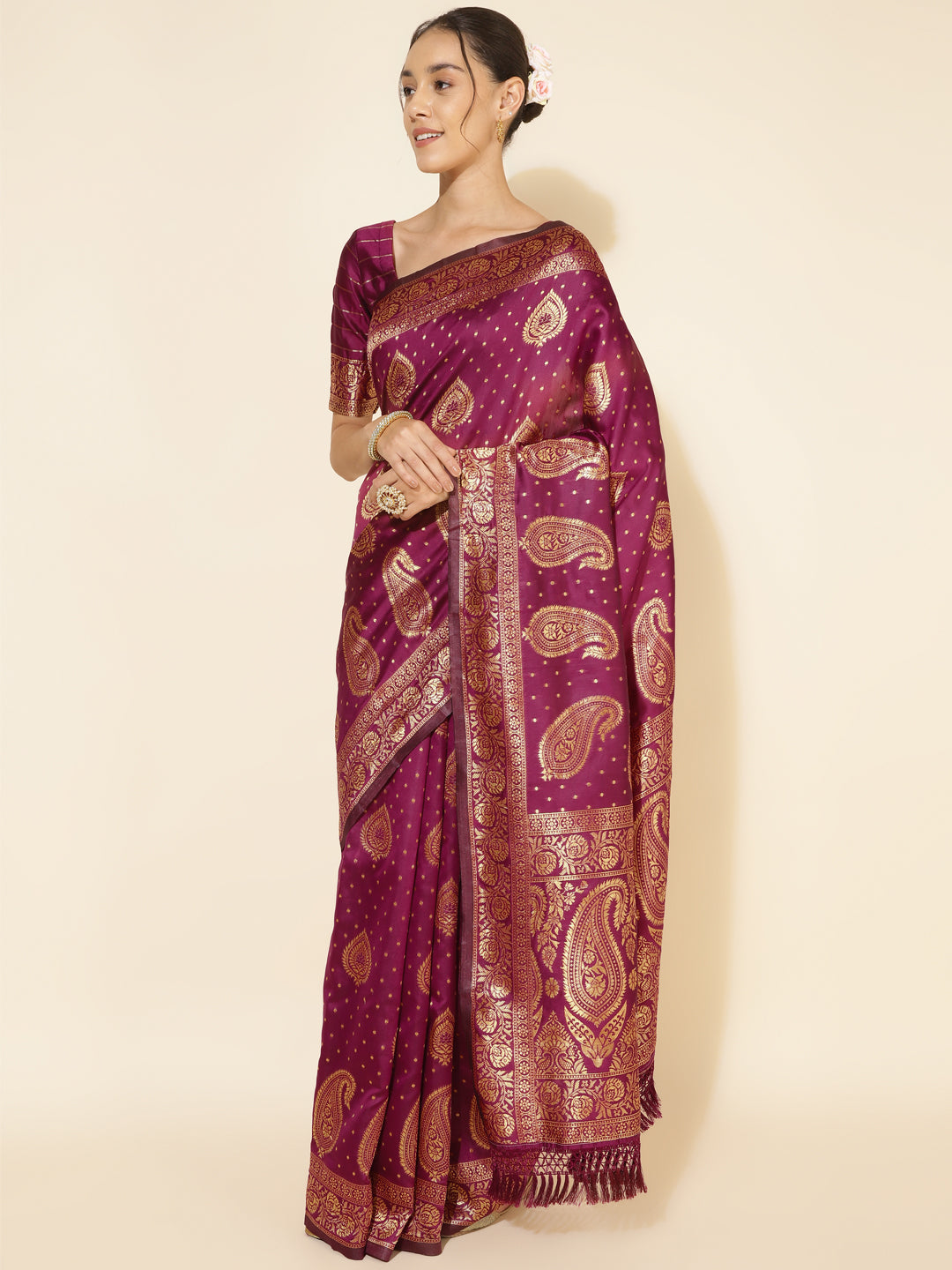 Janasya Wine Banarasi Silk Woven Ethnic Motifs Banarasi Silk Saree | Swadesiicart