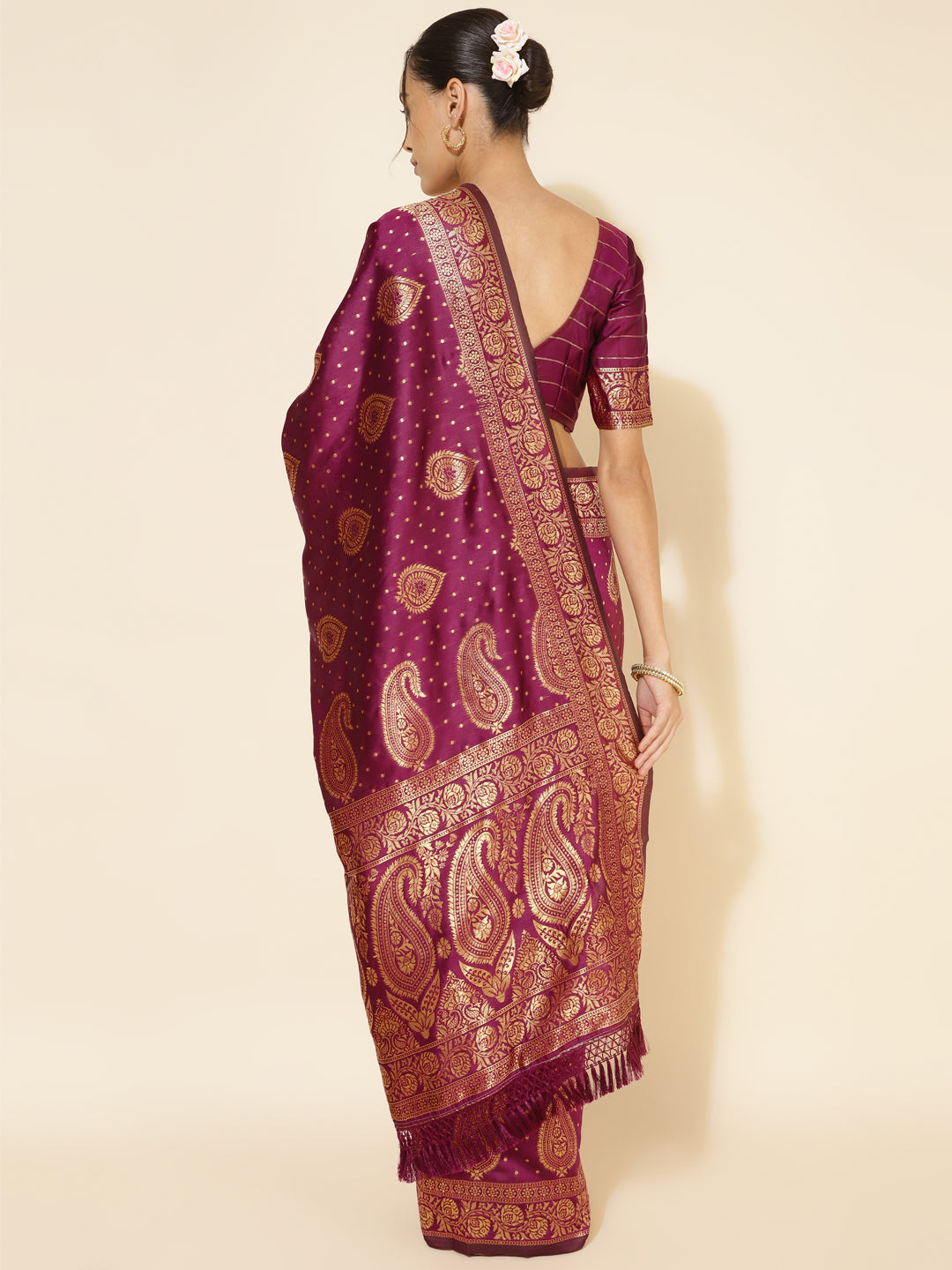 Janasya Wine Banarasi Silk Woven Ethnic Motifs Banarasi Silk Saree | Swadesiicart