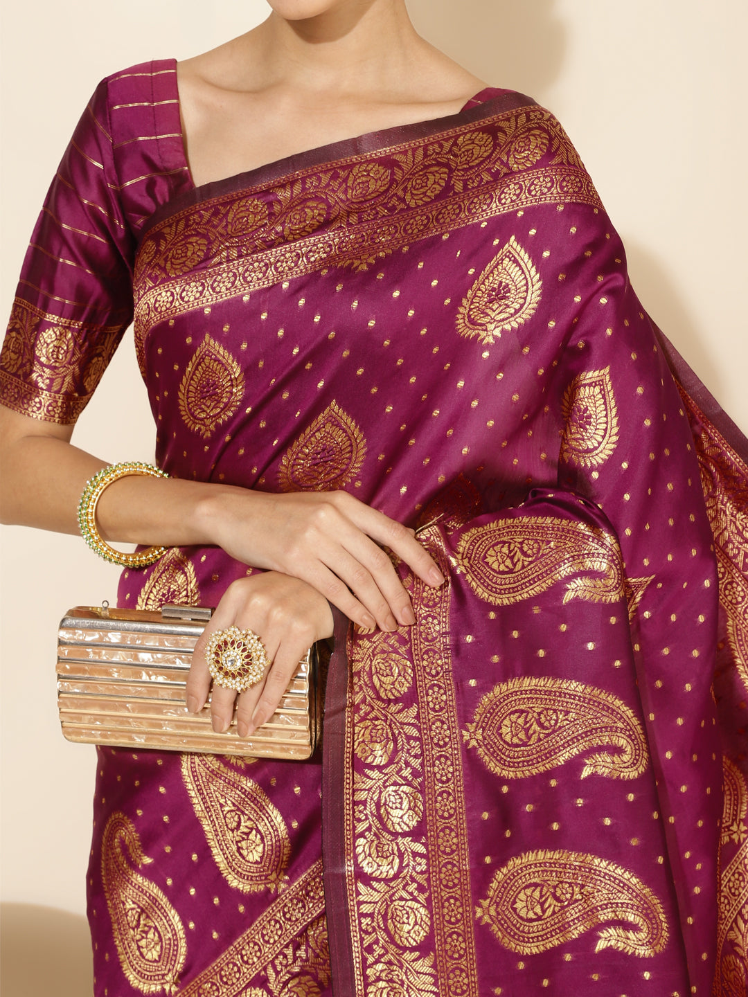 Janasya Wine Banarasi Silk Woven Ethnic Motifs Banarasi Silk Saree | Swadesiicart