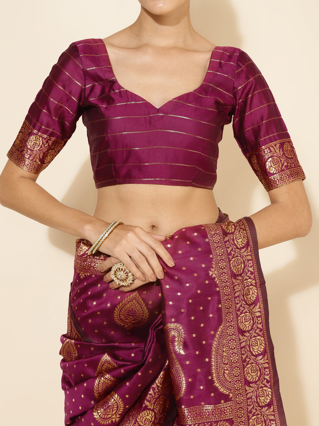 Janasya Wine Banarasi Silk Woven Ethnic Motifs Banarasi Silk Saree | Swadesiicart