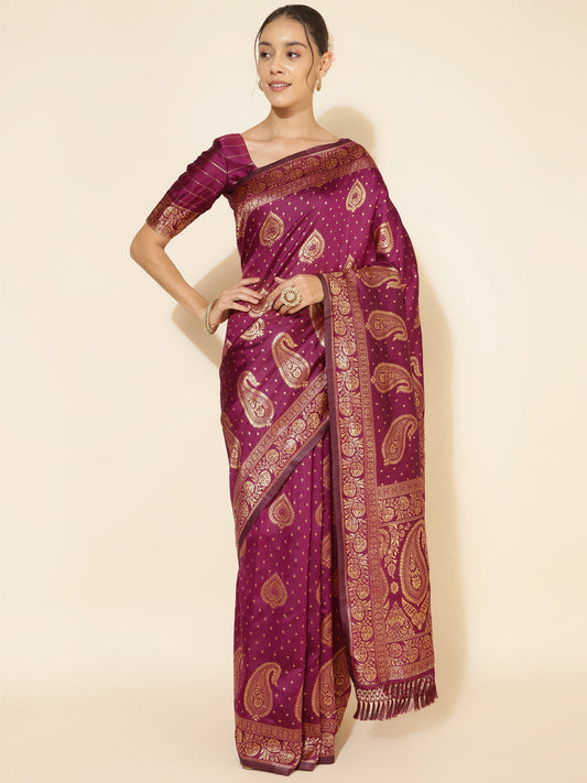 Janasya Wine Banarasi Silk Woven Ethnic Motifs Banarasi Silk Saree | Swadesiicart