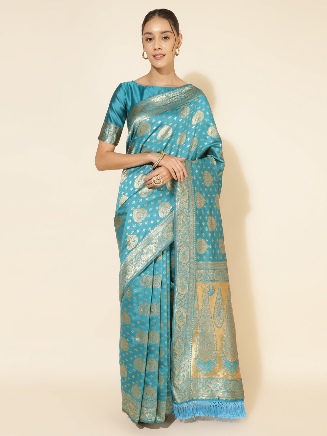 Janasya Turquoise Blue Banarasi Silk Woven Ethnic Motifs Banarasi Silk Saree | Swadesiicart