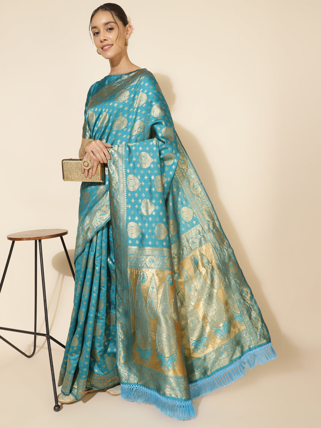 Janasya Turquoise Blue Banarasi Silk Woven Ethnic Motifs Banarasi Silk Saree | Swadesiicart