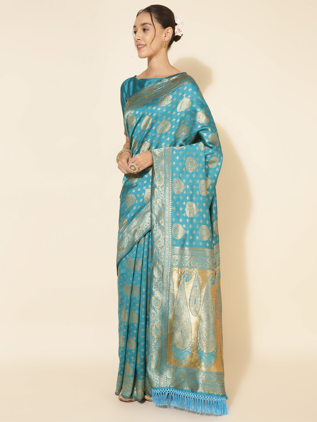 Janasya Turquoise Blue Banarasi Silk Woven Ethnic Motifs Banarasi Silk Saree | Swadesiicart