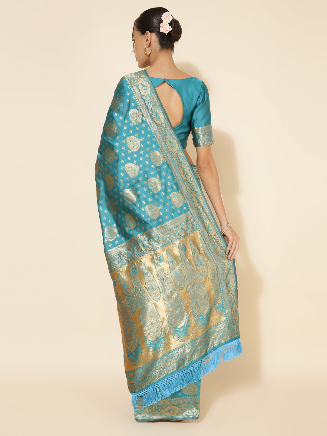 Janasya Turquoise Blue Banarasi Silk Woven Ethnic Motifs Banarasi Silk Saree | Swadesiicart
