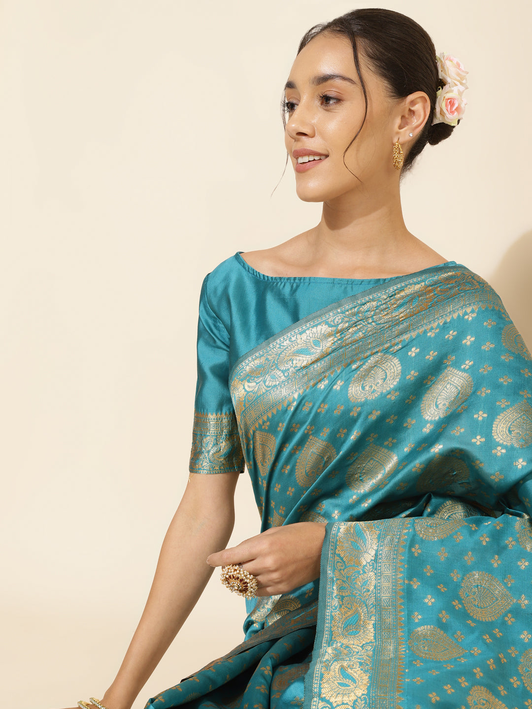Janasya Turquoise Blue Banarasi Silk Woven Ethnic Motifs Banarasi Silk Saree | Swadesiicart