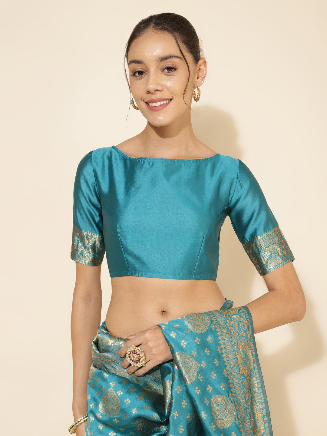 Janasya Turquoise Blue Banarasi Silk Woven Ethnic Motifs Banarasi Silk Saree | Swadesiicart