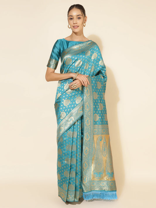 Janasya Turquoise Blue Banarasi Silk Woven Ethnic Motifs Banarasi Silk Saree | Swadesiicart