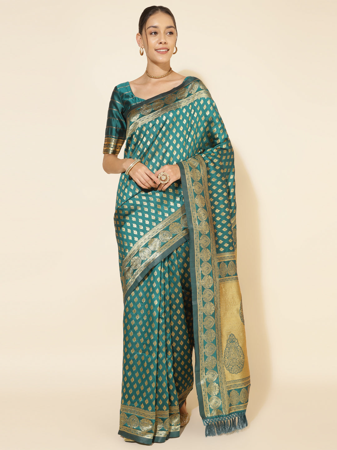 Janasya Peacock Green Silk Woven Ethnic Motifs Banarasi Silk Saree | Swadesiicart