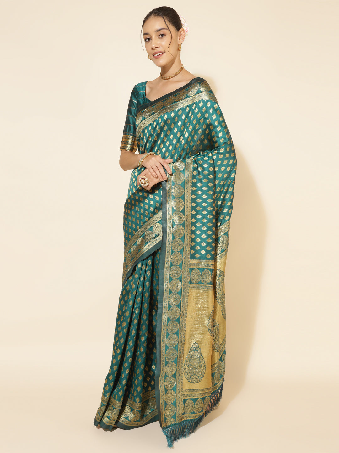 Janasya Peacock Green Silk Woven Ethnic Motifs Banarasi Silk Saree | Swadesiicart
