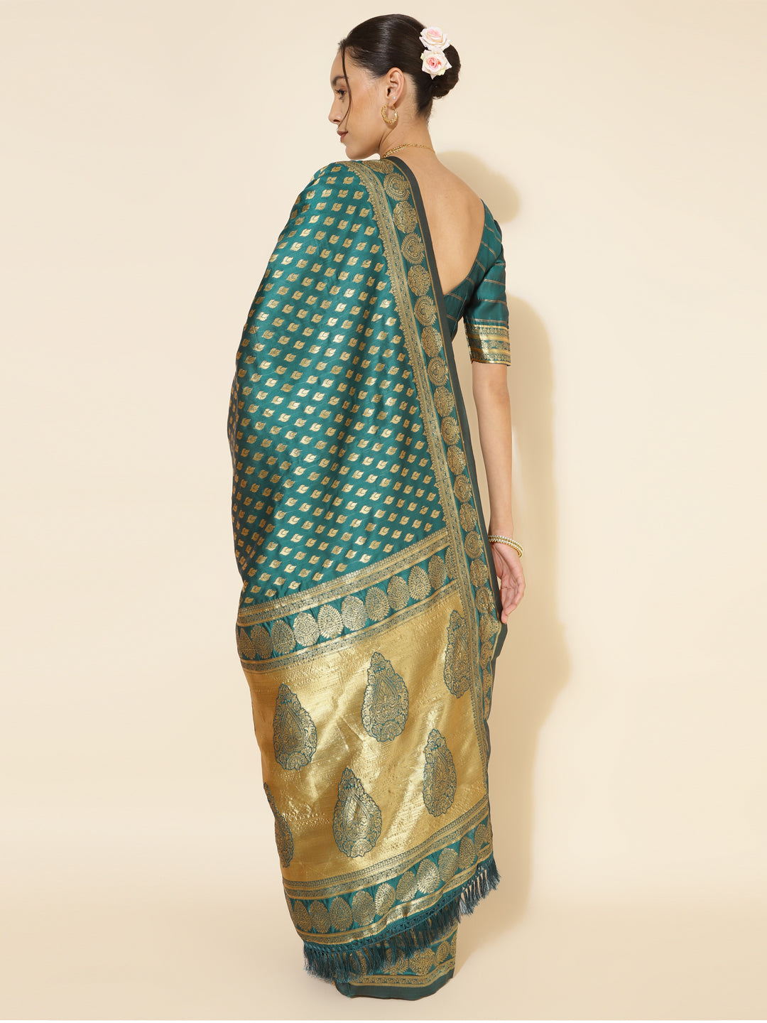 Janasya Peacock Green Silk Woven Ethnic Motifs Banarasi Silk Saree | Swadesiicart