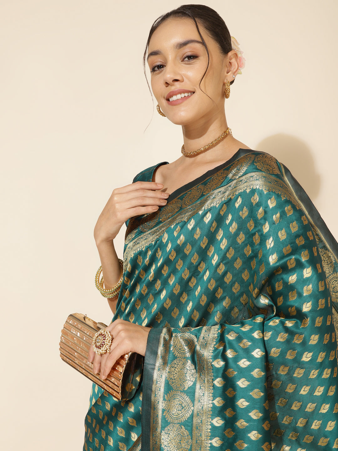 Janasya Peacock Green Silk Woven Ethnic Motifs Banarasi Silk Saree | Swadesiicart
