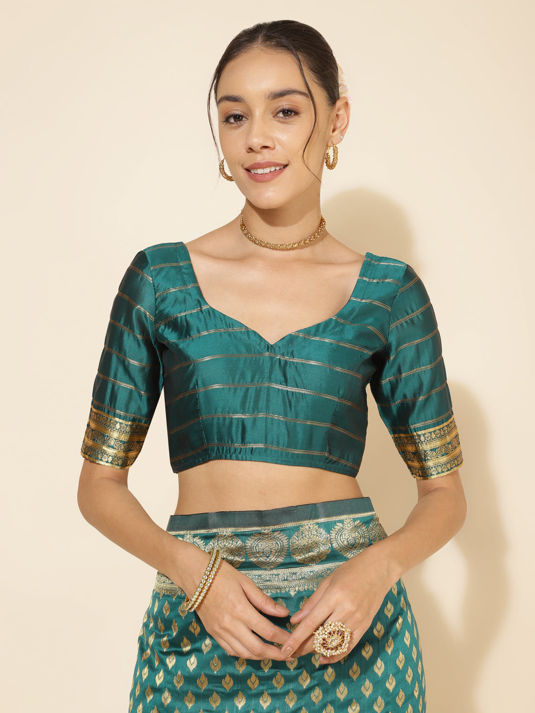 Janasya Peacock Green Silk Woven Ethnic Motifs Banarasi Silk Saree | Swadesiicart