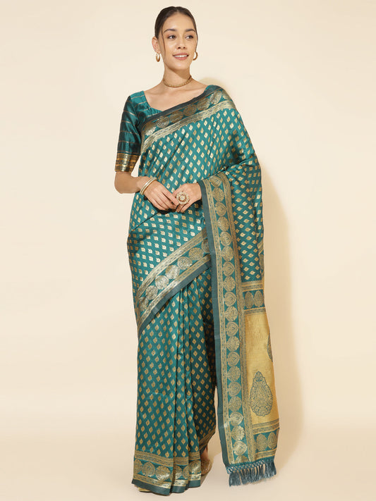 Janasya Peacock Green Silk Woven Ethnic Motifs Banarasi Silk Saree | Swadesiicart