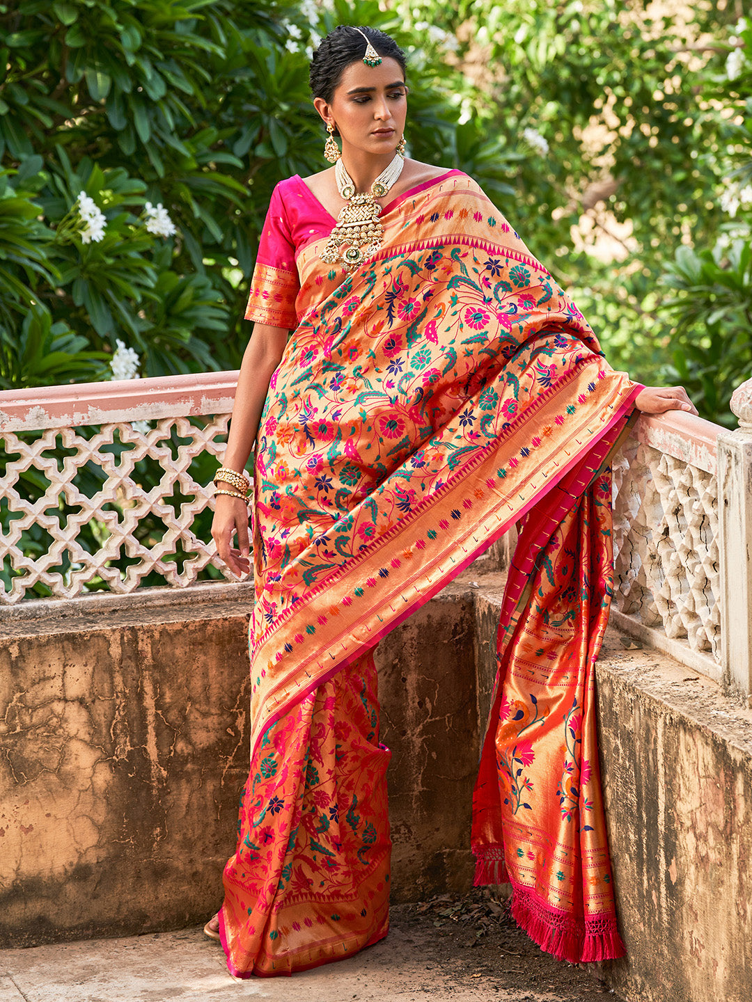 Janasya Pink Paithani Silk Woven Bagh Design Paithani Silk Saree | Swadesiicart