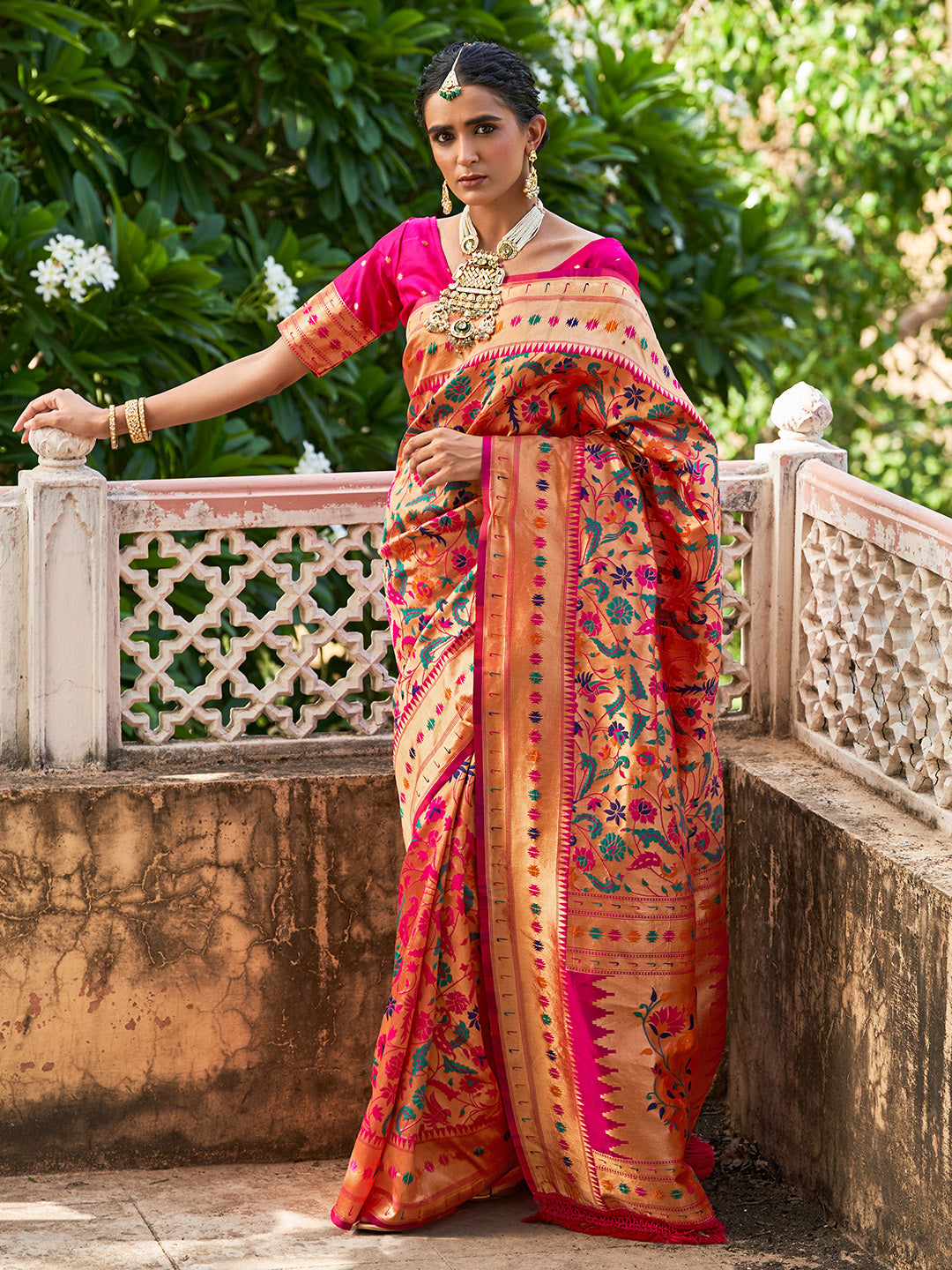 Janasya Pink Paithani Silk Woven Bagh Design Paithani Silk Saree | Swadesiicart