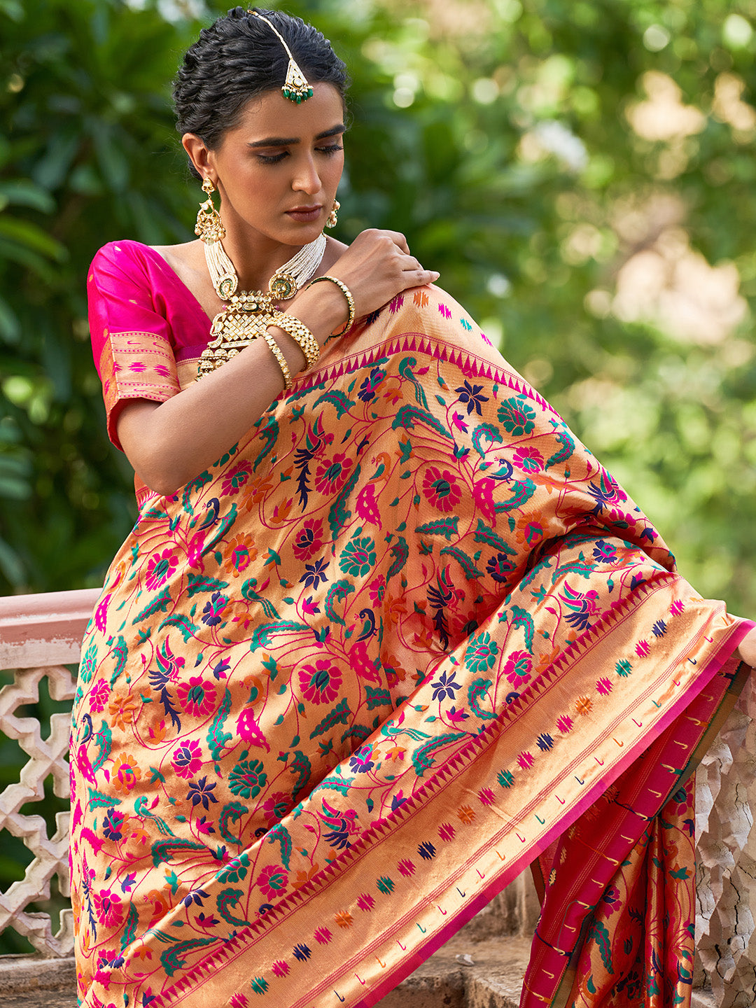 Janasya Pink Paithani Silk Woven Bagh Design Paithani Silk Saree | Swadesiicart