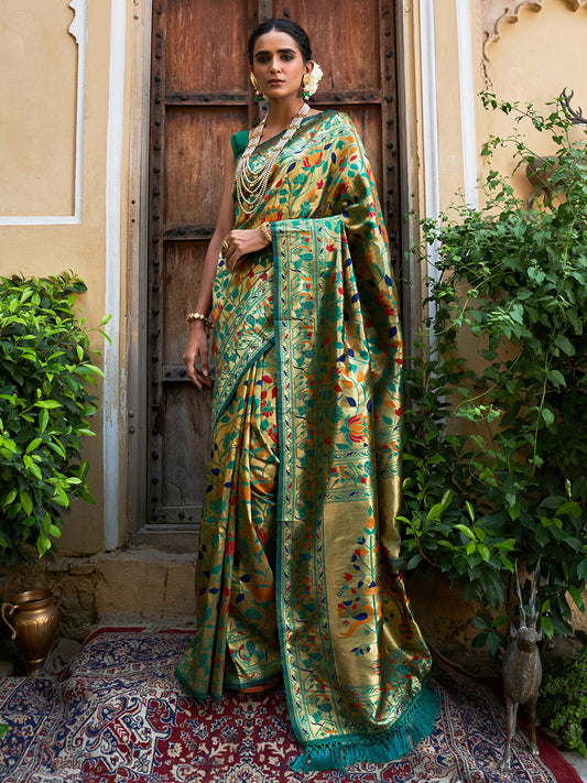 Janasya Green Paithani Silk Woven Bagh Design Paithani Silk Saree | Swadesiicart